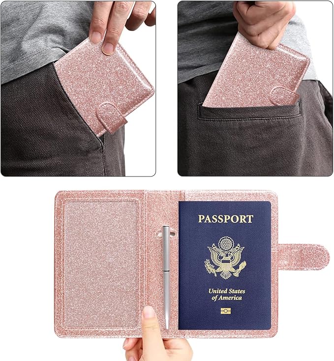 ACdream Unisex Faux Leather Passport and Vaccine Card Holder, Glitter Rose, RFID Blocking, 20 x 3.5 x 2.5 in