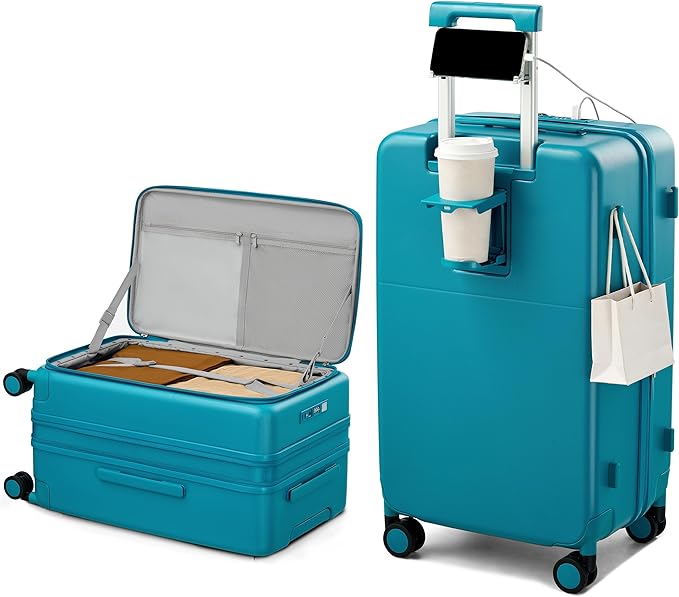 Hanke 24 Inch Expandable Checked Luggage with Cup Holder and Charger Port,Top Opening Hard Shell Suitcases with Wheels, Medium Travel Rolling Suitcase Trunk Luggage with Lock, Caribbean Blue