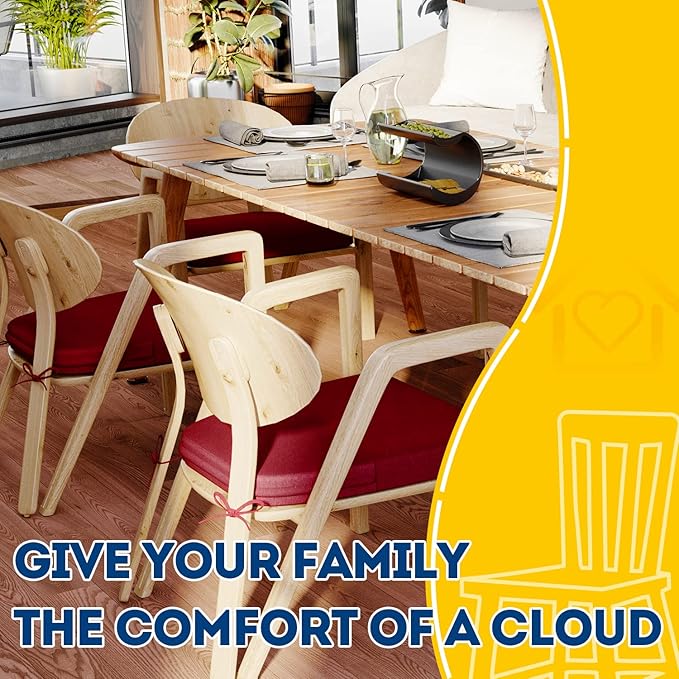 AAAAAcessories D-Shaped Chair Cushions, 2" Thick Dining Chair Pads with Ties and Removable, Machine-Washable Cover, 17" x 16", Set of 6, Wine Red