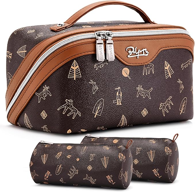 BOYATU Travel Makeup Bag Cosmetic Bags for Women: 3 Pcs Set Portable Make up Bag with Handle - PU Leather Toiletry Bags with Compartments - Makeup Organizer for Travel Essentials(L-1-Brown)