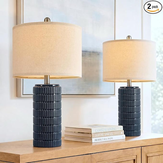 PoKat 23" Blue Table Lamps, Farmhouse Bedside Lamps for Bedroom Set of 2, Ceramic End Table Lamps for Living Room, Traditional Nightstand Desk Lamps, Medium
