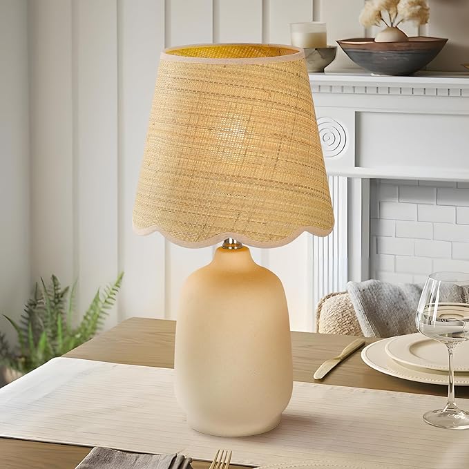 19" Modern Ceramic Table Lamp for Living Room Cream Base Desk Lamps for Bedroom Farmhouse Bedside Nightstand Lamp End Table Lamps,Beige,Rattan Shade