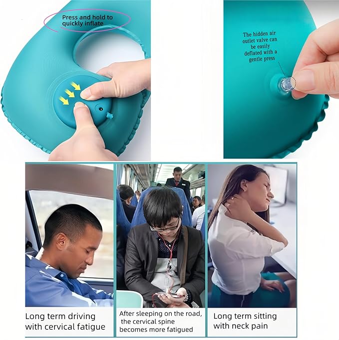 18-30s Quick Inflate /Deflate Neck Pillow for Travel - Adjustable Cervical Support with Dual Buckles, Breathable Milk Silk, Compact Portable Design Breathable Milk Silk ,Turquoise,15.7x11 inches