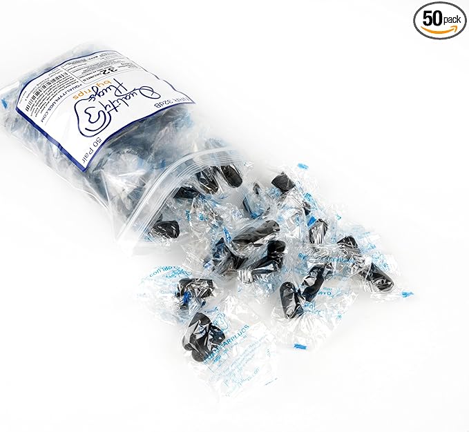 Quality Foam Earplugs 50 Pair- 32dB Noise Cancelling Disposable Individually Wrapped Packaged Bulk High Decibel Ear Plugs for Sleeping Travel Concert Shooting Hunting Study Work Construction Safety