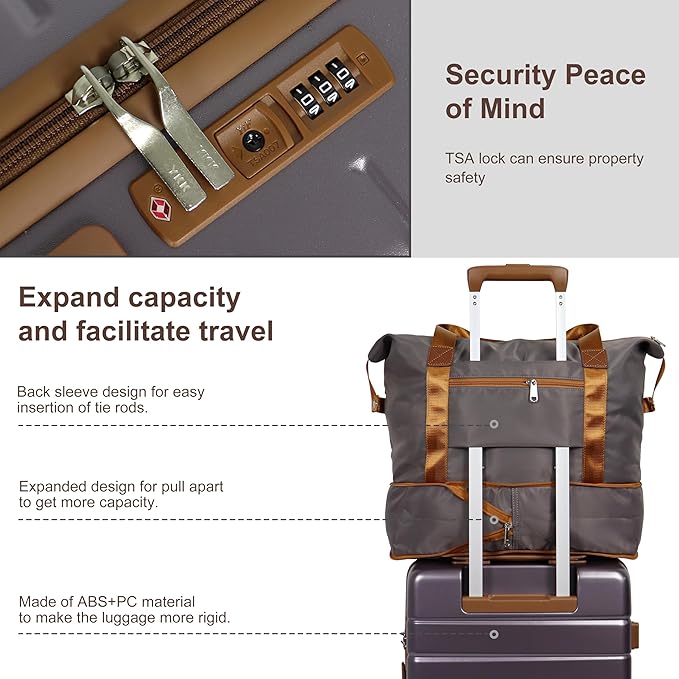 5-Piece Luggage Set for Family Travel: Lightweight Hardshell Suitcases (20/24/28 Inch, Plus Underseat & Tote) | 8 Spinner Wheels, TSA Lock & YKK Zippers | Durable PC+ABS Construction in Purple