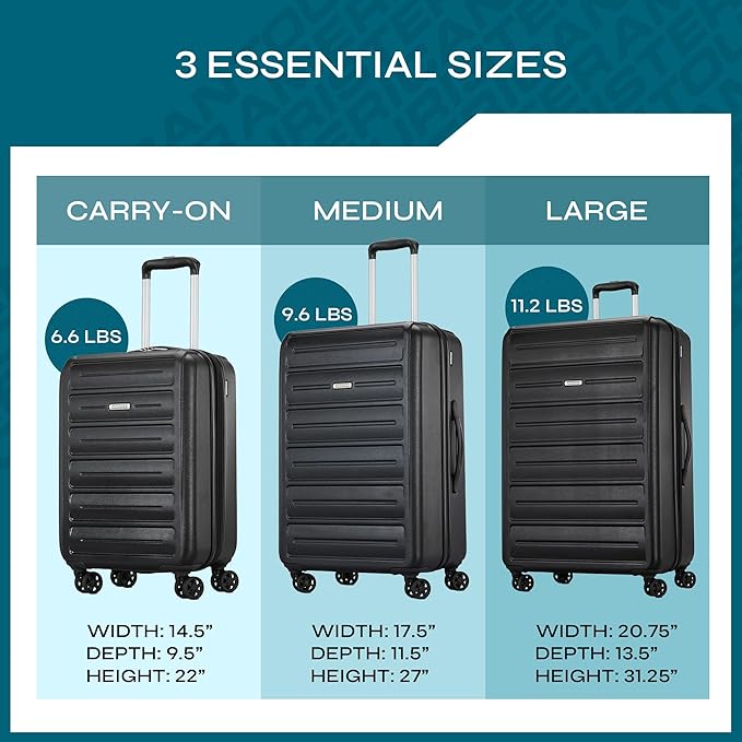 American Tourister Westridge Hardshell Luggage Set - 3 Piece Set - 20" Carry-On, 24” & 28” Checked Luggage Set with 360° Spinner Wheels - Expandable Suitcases for Extended Travel - Black