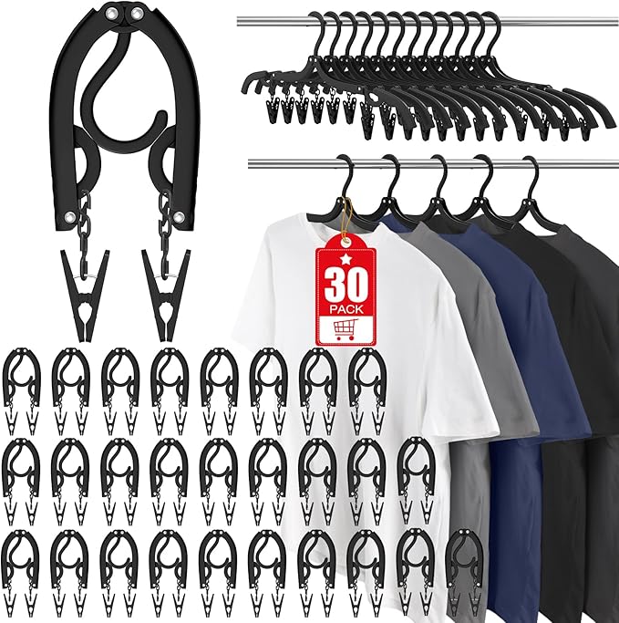 30 Pcs Travel Hangers Portable Foldable Travel Hanger Organizer, Plastic Cruise Essentials Clothes Drying Rack Folding Hangers for Camping Flying RV Europe Vacation Essentials Suitcase, Pitch Black