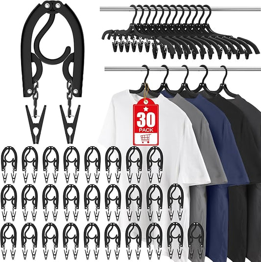 30 Pcs Travel Hangers Portable Foldable Travel Hanger Organizer, Plastic Cruise Essentials Clothes Drying Rack Folding Hangers for Camping Flying RV Europe Vacation Essentials Suitcase, Pitch Black