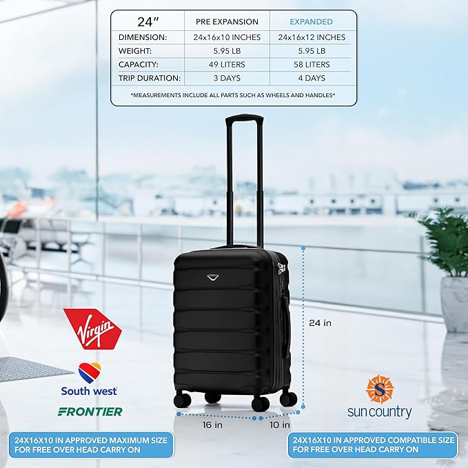Flight Knight 24x16x10 Expandable Carry On Suitcase Hardside TSA Lock USB C Lightweight Luggage Silent Double Spinner Wheels Maximum Overhead Carry-On Bag For Virgin South West Approved Black