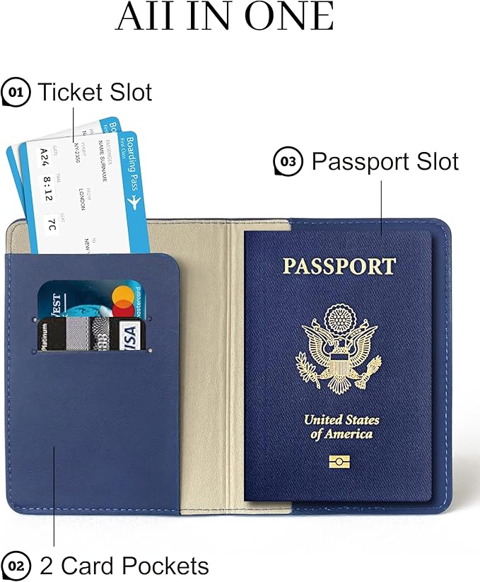 Passport Holder for Travel Essentials,RFID Blocking Passport Cover Case for Travel Accessories,Travel Wallet for Women Men (Navy Blue)