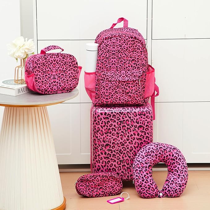 Redbaker 17 Inch 6 Pcs Kids Luggage Set Kids Rolling Luggage Double Pattern Suitcase for Boys Girls (Hot Pink, Leopard Print Style)