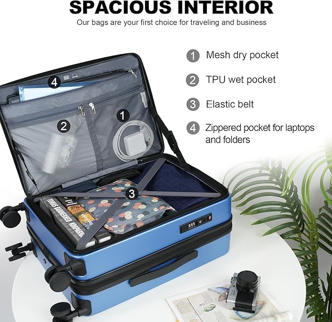KROSER Carry On Luggage with Spinner Wheels & Built-in TSA Lock, Expandable Top Opening Hard Shell Suitcase Large Capacity Durable Rolling Luggage with USB Port, Carry-On 20-Inch, Light Blue