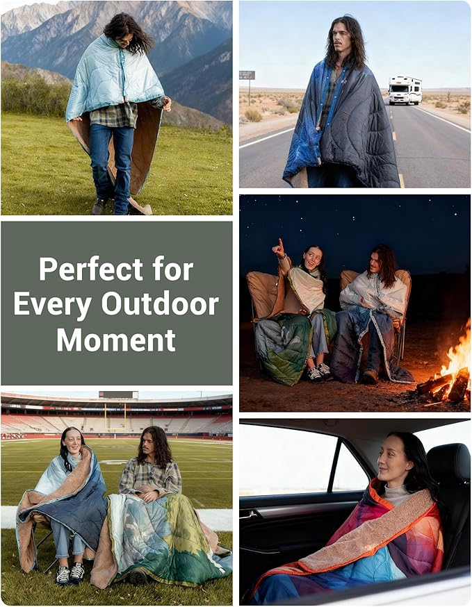 KingCamp Large Camping Blanket with Sherpa Lining, Packable Down Alternative Puffy Printed Wearable Blanket with Snap Buttons, Warm Weatherproof Quilt for Outdoor Travel (79" L x 57" W, Green)