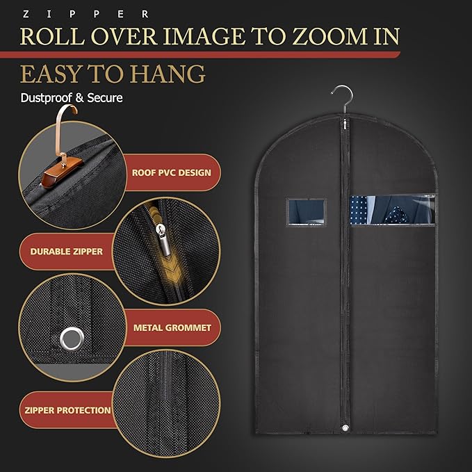 Hleelomi 40-inch Suit Bag Garment Bag for Travel and Storage, Garment Bags for Hanging Clothes with Zipper and Visible Transparent Window,1 Pack，Black