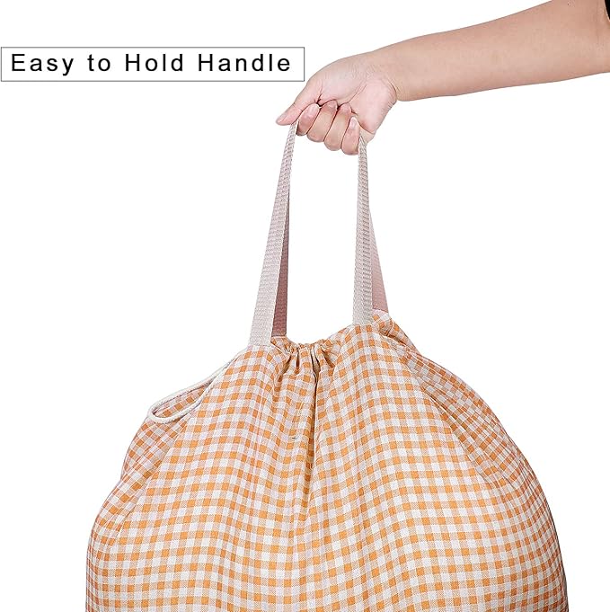 Extra Large Laundry Bag with Drawstring and Handle, Heavy Duty Travel Dirty Clothes Bag for Laundromat and Household, Durable Rip-Stop Laundry Hamper Liner, 28 x 40 Inch, Check Orange