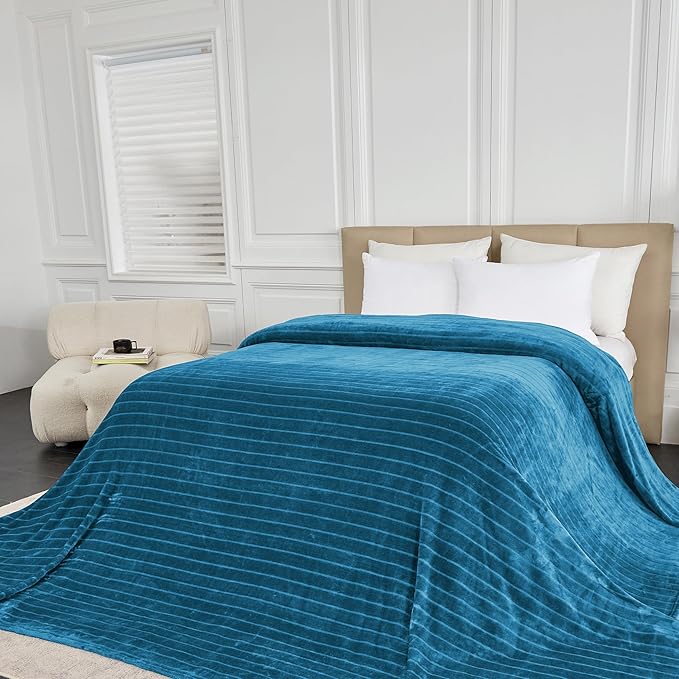 Extra Large 120x120 Inch Giant Soft Cozy Fleece Blanket, Huge Oversized Seamless King 3D Jacquard Decorative California King Blanket for Bed, Couch, Travel - Striped Teal
