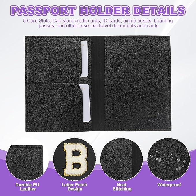 PATIKIL Passport Holder for Travel, Initial Passport Cover and Luggage Tag Set with Alphabet Chenille Letter Patch Travel Wallet Bag Suitcase Identifier for Women Family Travel Black B