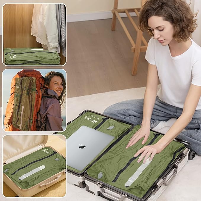 ONTYZZ Vacuum Bags for Travel, Reusable Vacuum Compression Bag, Recycled IPX8 Waterproof Space Saver Bag for Luggage/Camping/Home Storage (3 Pack with Air Pump-Green)