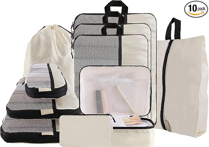 U+U 10 Set Compression Packing Cubes - Ultralight Cream Travel Organizers with Laundry Bag, Space-Saving Suitcase Organizer, Expandable Packing Cubes for Travel and Family Vacation (Cream)