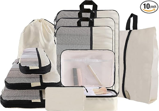 U+U 10 Set Compression Packing Cubes - Ultralight Cream Travel Organizers with Laundry Bag, Space-Saving Suitcase Organizer, Expandable Packing Cubes for Travel and Family Vacation (Cream)