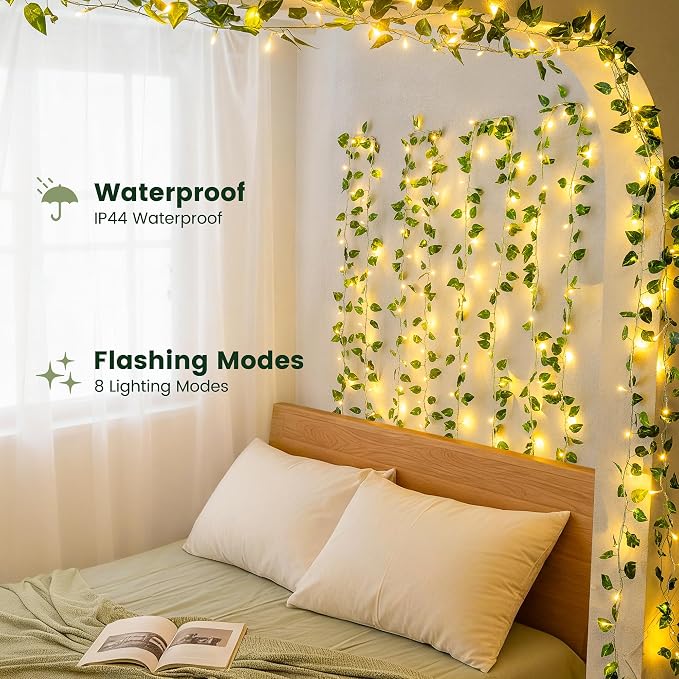 HEYFUNi Vines with Lights 23FT, Faux Pothos String Lights Plug in | 73 Warm White LEDs, Artificial Pothos Leaf Lights For Bedroom, Wall, Balcony, Wedding, Party, Dorm, Aesthetic Decor