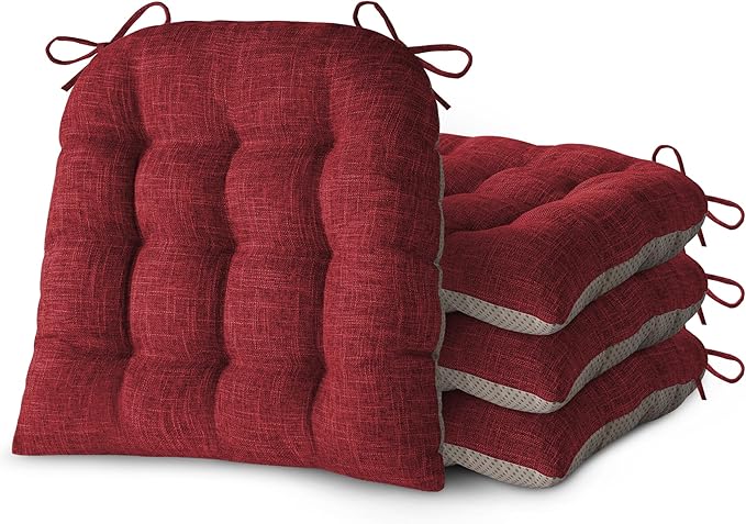 Chair Cushions for Dining Chairs Set of 4 Durable D-Shaped Seat Cushions with Non-Slip Backing Secure Ties Thick Cozy Seat Pad for Kitchen Dining Room Office(18x16.5x3in Burgundy)