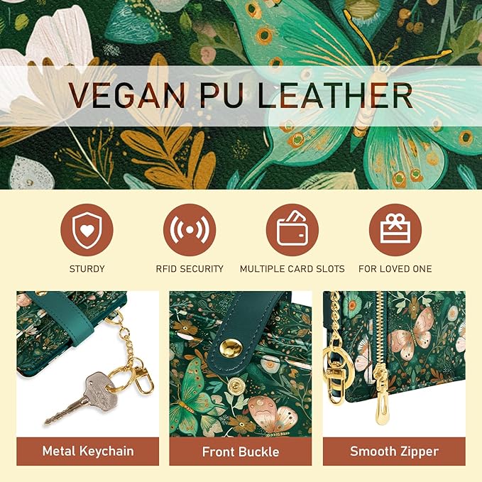 Jogjam Butterfly Green Rfid Women Wallet, Small Slim Thin Compact Credit Card Wallet, PU Leather Bifold Cash Wallet, Zipper Coin Pocket ID Window, Female Ladies Girl Gifts