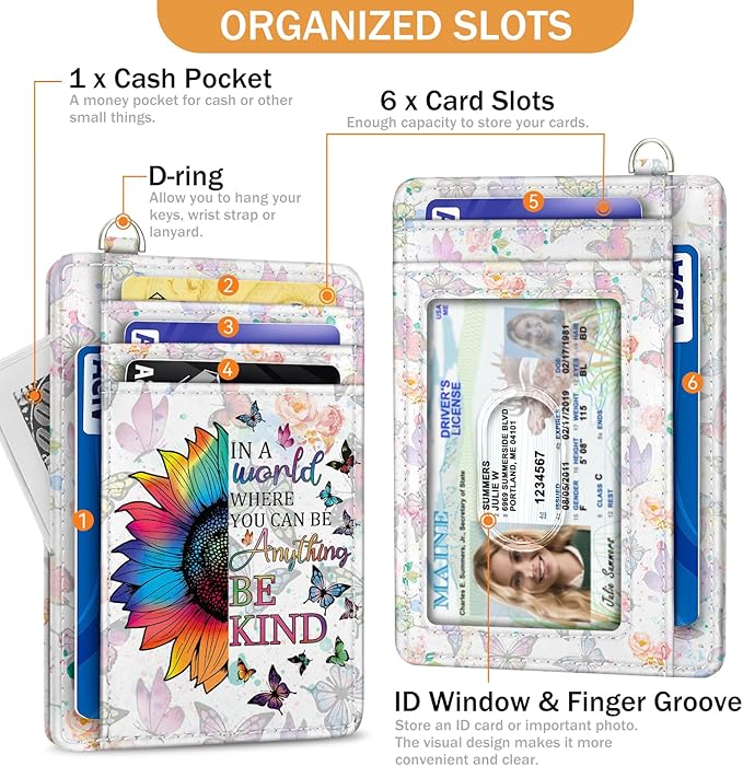 Yonlevres Credit Card Holder Slim Wallet, Be Kind Sunflower RFID Wallet Women Front Pocket Small Card Holder Travel Funny Cute Thin Card Case ID Window PU Leather RFID Blocking Card Organizer Gift