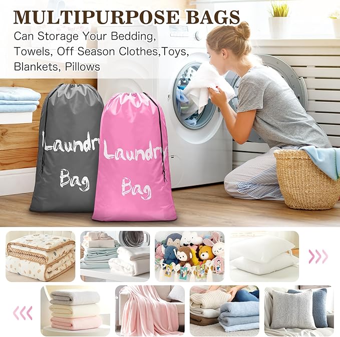 2 Pack XL Travel Laundry Bags for Dirty Clothes - Extra Large Heavy Duty Drawstring Laundry Bag Holds 4 Loads - Cruise Ship, Camping, Road Trip, Vacation Essentials Must Haves 2025 (Pink + Gray)
