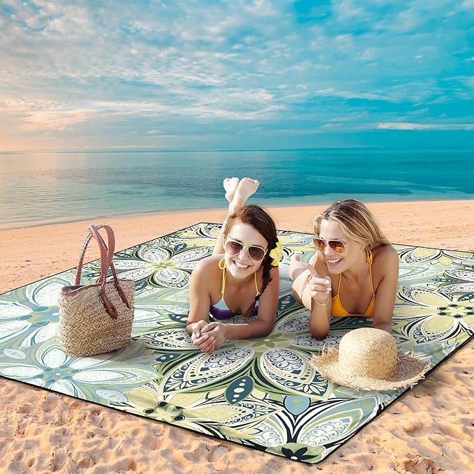 Beach Blanket Waterproof Sandproof Beach Mat for 1-8 Adults Quick Drying Durable Outdoor Picnic Mat for Beach Festival Travel Camping Hiking (Flourishing Blossom-Y&GN, 79"×83"(4 Person))