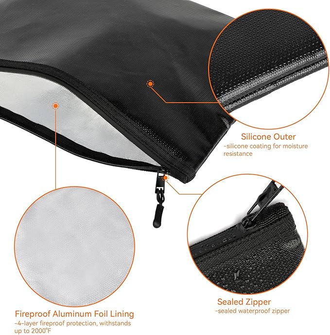 Fireproof Document Bag (10"x13.5"), Waterproof Holder with Zipper for Passport, Important Papers, Cash, Money and Valuables, Secure Storage Organizer for Travel, Home, Office