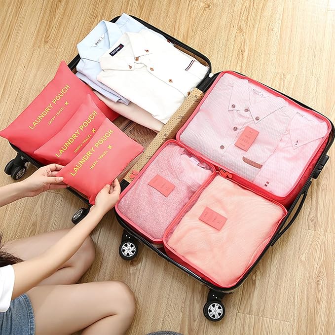 6 Set Packing Cubes for Travel Luggage Packing Bags Reusable Waterproof Suitcase Organizer Bags Set with Shoe Bag and Toiletry Bag (Watermelon Red‌)