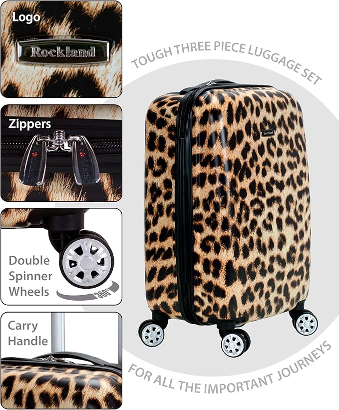 Rockland Safari Hardside Spinner Wheel Luggage, Leopard, 3 Piece (20"/24"/28")