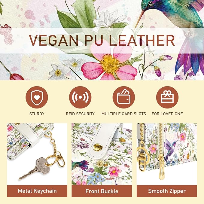 Jogjam Hummingbird Bird Rfid Women Wallet, Small Slim Thin Compact Credit Card Wallet, PU Leather Bifold Cash Wallet, Zipper Coin Pocket ID Window, Female Ladies Girl Gifts