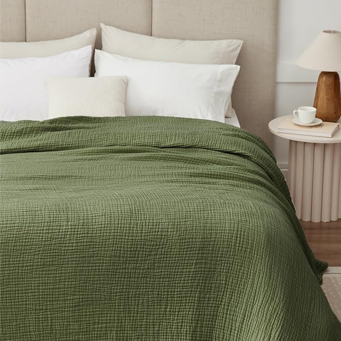 100% Cotton Muslin Blanket King 108" x 90", Breathable and Lightweight Cotton Throw Blanket for Bed, Soft Cooling Summer Gauze Blanket for Adults All Season, Olive Green