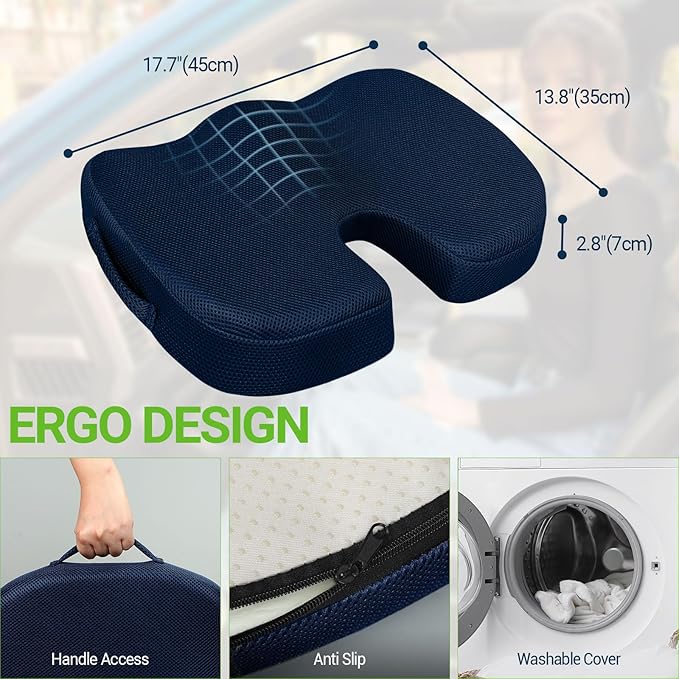 Season Guard Tailbone Pain Relief Office Chair Seat Cushion, Memory Foam Gel Seat Cushion for Sciatica Pain Relief with Washable Cover, Butt Cushion for Long Sitting, Mesh, Blue