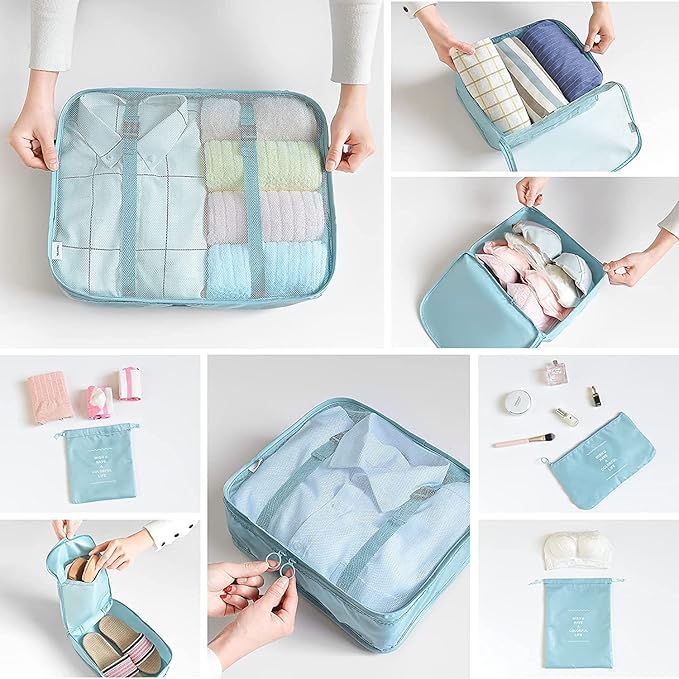 8 Set Packing Cubes for Suitcases Travel Luggage Packing Organizers,Travel Essentials Accessories Luggage Organizer with Shoe Bag Tioletry/Laundry Bag (light blue)