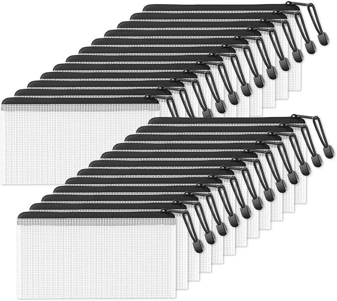 SUNEE Plastic Mesh Zipper Pouch 4.6x9.2 in (Black, 24 Packs), Small Water-Resistant Zip Bag for School Office Supplies, Pencil Organizing Storage