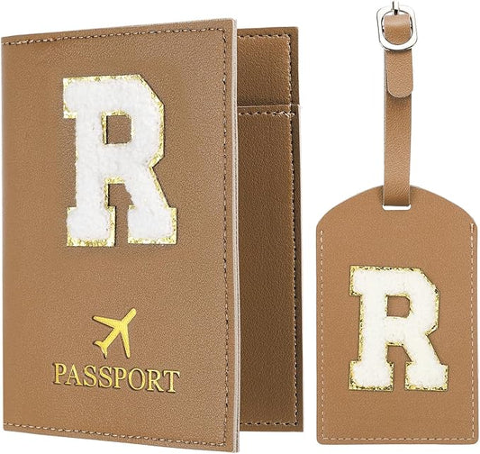 PATIKIL Passport Holder for Travel, Initial Passport Cover and Luggage Tag Set with Alphabet Chenille Letter Patch Travel Wallet Bag Suitcase Identifier for Women Family Travel Brown R