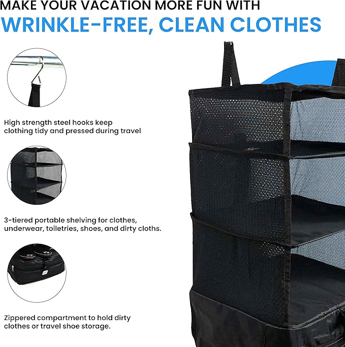 Grand Fusion Stow-N-Go Packing Organizer for Luggage, Portable Hanging Travel Shelves, Carry-On Closet, Hanging Packing Cubes, Collapsible Carry-On Organizer for Cruises & Hotels. Black - L