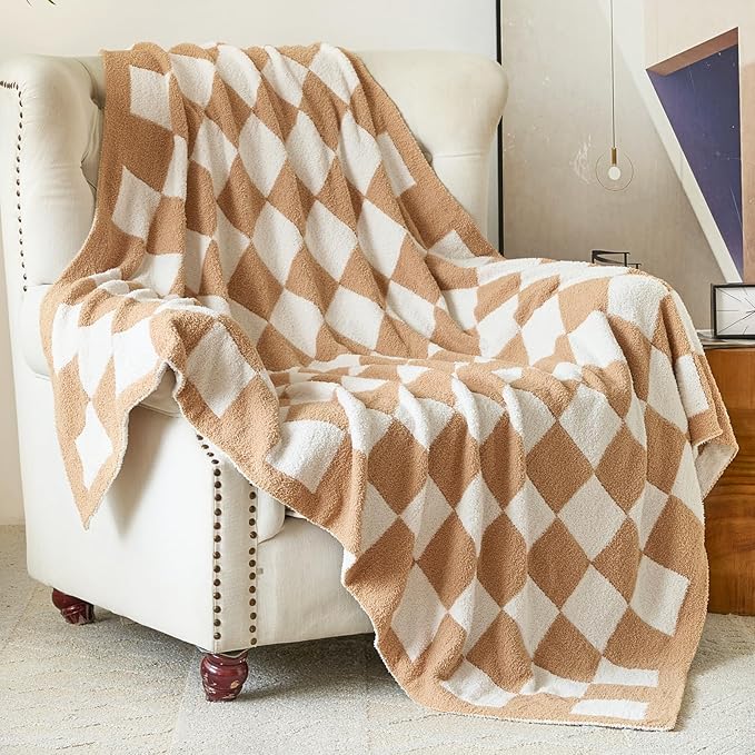 Checkered Blanket, Cozy Soft Throw Blankets for Couch Bed, Fluffy Plaid Lightweight Comfy Travel Picnic Blanket Gifts for Sofa Chair Living Room Camping (Beige, Throw 50"x60")