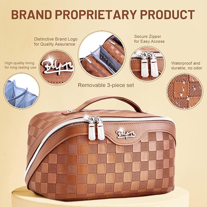 BOYATU Travel Makeup Bag Organizer: 3 Pcs Set Large Capacity Cosmetic Bags Holds 10–20 100ml Full-Size Bottles - 180°Open-Flat Make up Case 3-sec touch-up - Toiletry Bag Gift women (03-A-Brown)