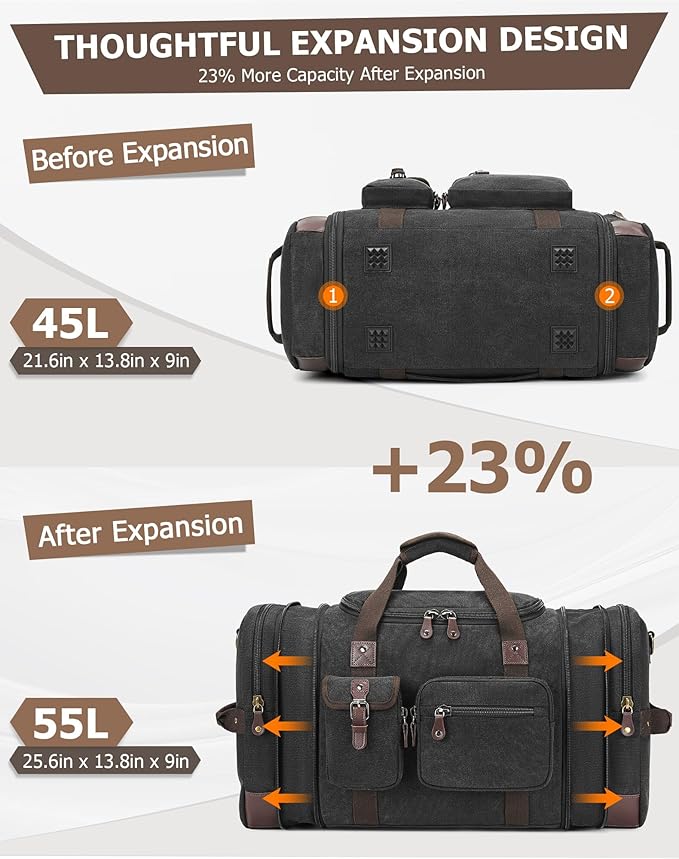 Canvas Duffle Bag for Travel, 55L Weekender Overnight Bag for Men & Women, Vintage Carry on Bags for Airplanes