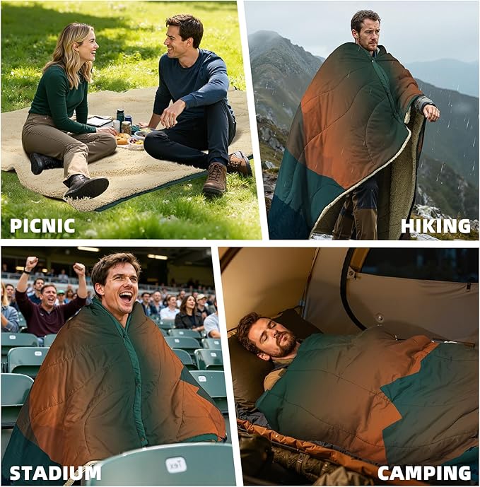 Outdoor Camping Blanket - Puffy Camping Blanket Packable,Sherpa Fleece Warm Blanket for Camping, Outdoors, Travel, Stadium, Festivals, Beach, Hammock 56"x 78" Machine Washable, DWR, Lightweight
