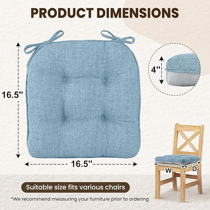 downluxe Indoor Chair Cushions for Dining Chairs, Tufted Overstuffed Textured Kitchen Chair Pads with Ties and Non-Slip Backing, 16.5" x 16.5" x 4", Light Blue, 4 Pack