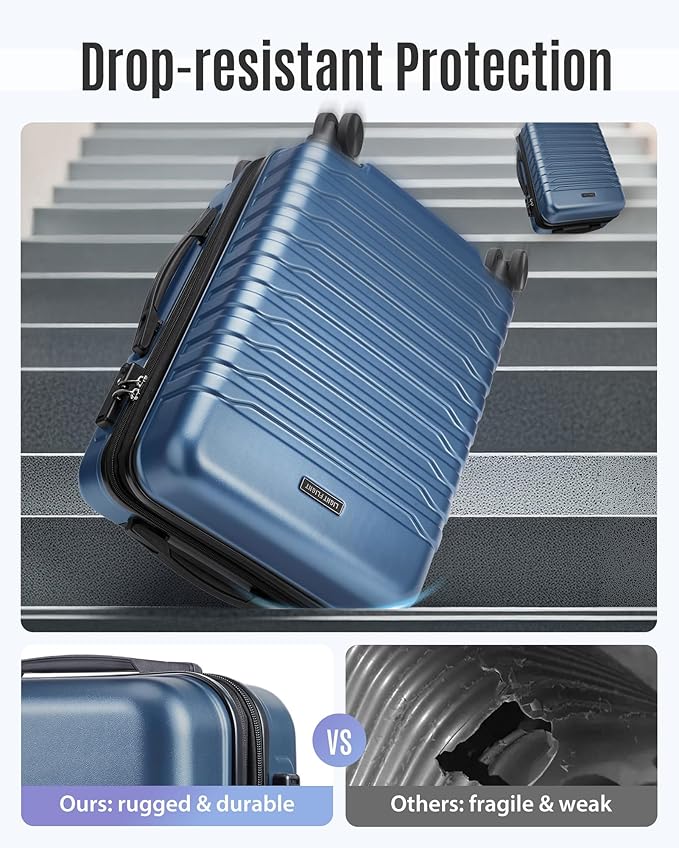 LIGHT FLIGHT Expandable Carry On Luggage 22x14x9 Airline Approved with Double Spinner Wheels, 20 Inch Lightweight Hard Shell Rolling Suitcases with TSA Lock, Blue