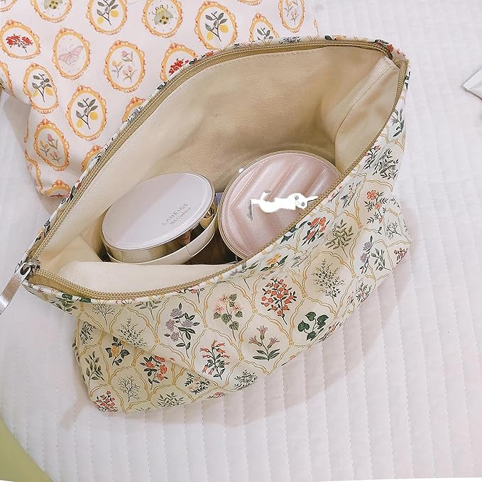 HAPPYHEIDI Large Aesthetic Floral Cotton Makeup Bag with Pocket Cute Cosmetic Travel Pouch, Make Up Organizer, Lightweigt, Zipper Closure