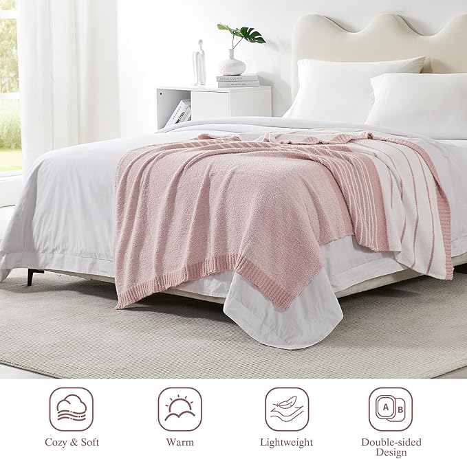 Throw Blanket, Pink White Soft Cozy Fluffy Striped Throw Blankets for Couch, Sofa, Bed, Chair, Warm Fuzzy Plush Lightweight Decorative Stripe Blanket, 50x60 inches