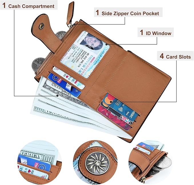 Tipmile Small Wallet for Women Bifold RFID Blocking Card Holder Leather Wallets with Zipper Coin Pocket
