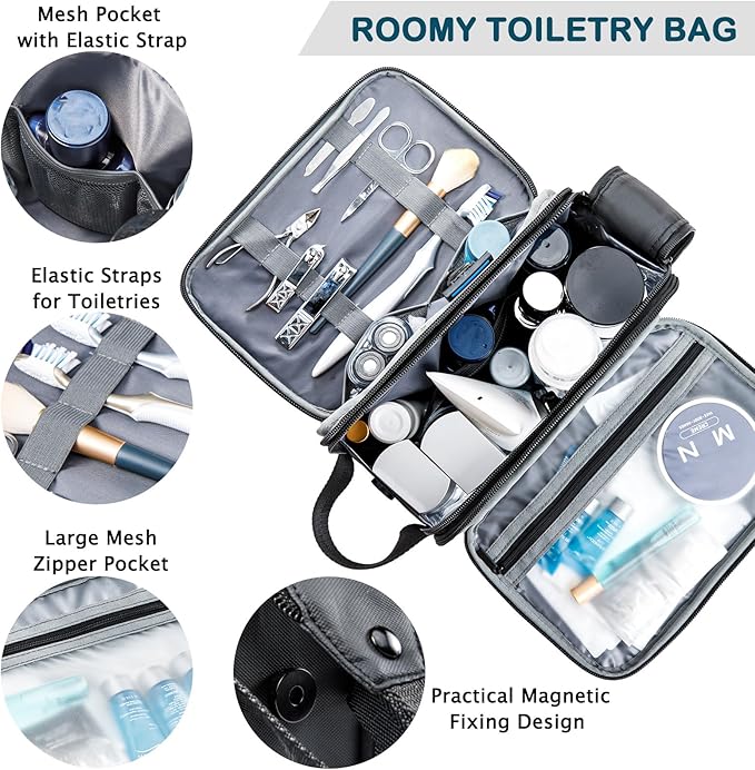 BAGSPRITE Large Toiletry Bag for Men, Women Travel Bag with Hanging Hook, Water-resistant Makeup Cosmetic Bag Shaving Kit Organizer, Bathroom Bag for Traveling